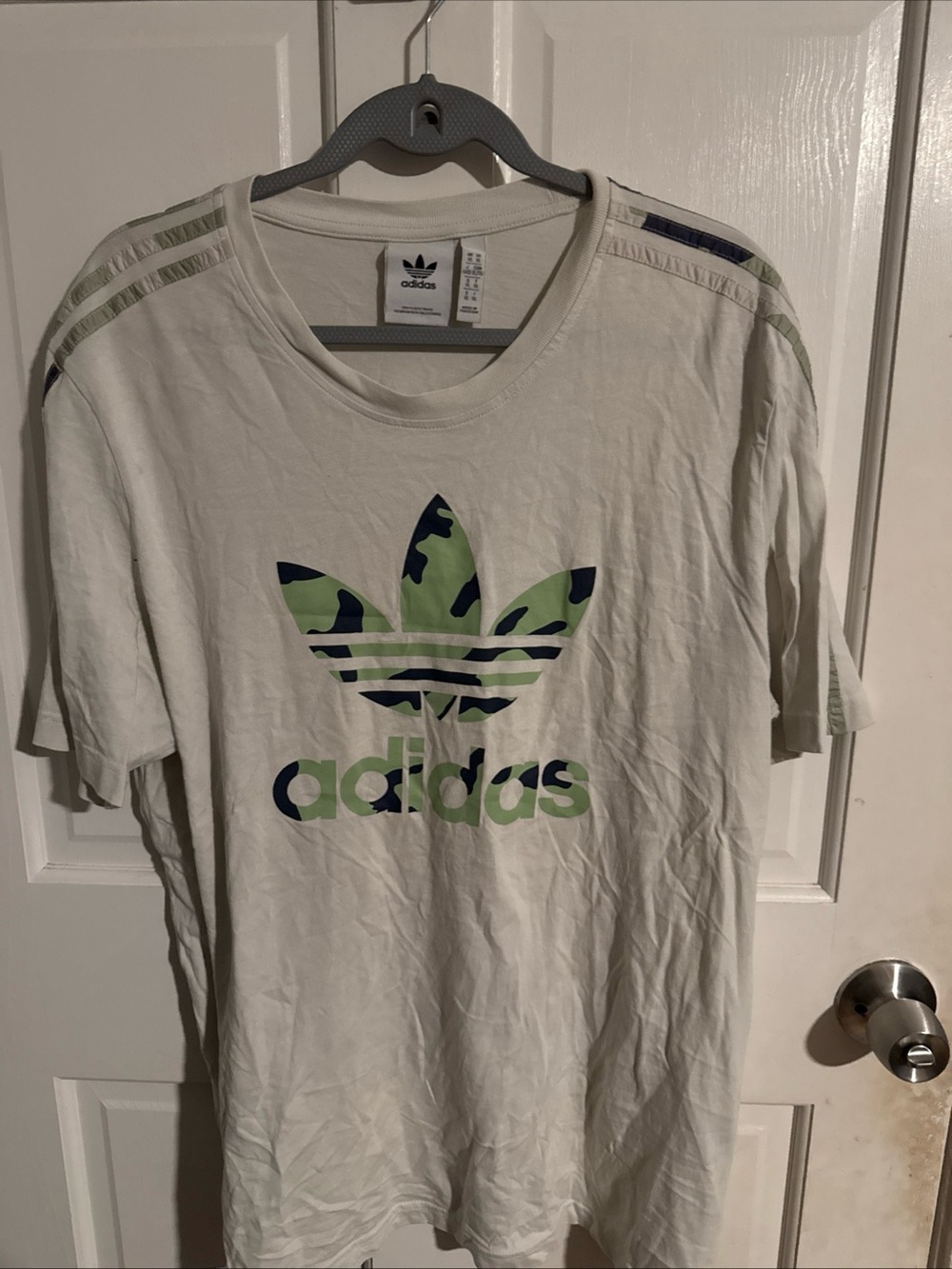 adidas White Short Sleeve Tee with Green & Navy Camo Trefoil